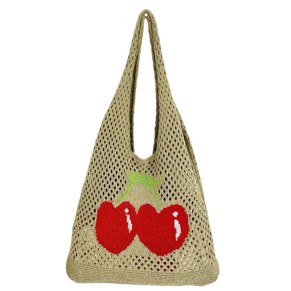 Bolsa Tote de crochê feminina, estampa cereja, bolsa de ombro de tricô, grande capacidade, bolsa de malha estética