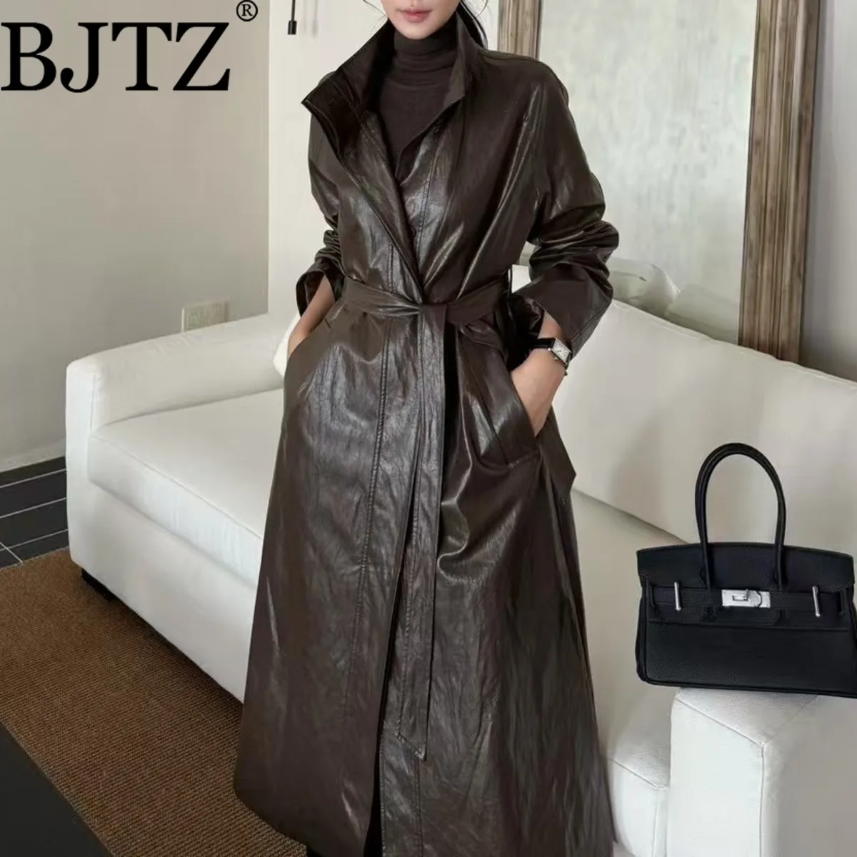

BJTZ PU Leather Belt Waist Mid-length Loose Fit Windbreaker Jacket For Woman 2025 New Fashion Office Lady Lapel Female Trench