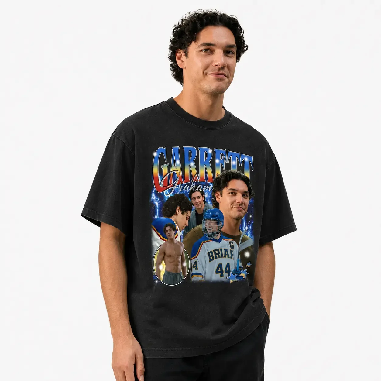 Ice Hockey Character 90s Vintage Bootleg Graphic T-Shirt, Retro Lightning Star Collage Black Washed Streetwear Short Sleeve Tee