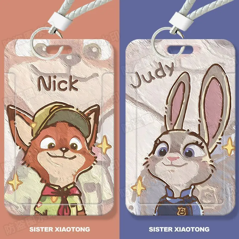Disney Judy Nick Cartoon Oil Painting Sliding Card Case Cover for Students Workers ID Bus Meal Access Campus Cards
