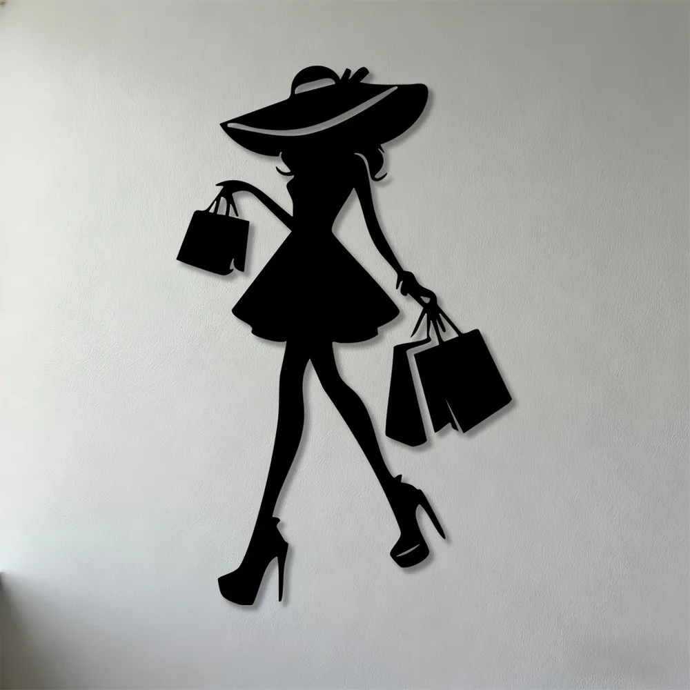 CIFBUY 2D Iron Wall Art Shopping Woman Silhouette Metal Decor for Living Room Bedroom Office Boutique Fashion Home Accent