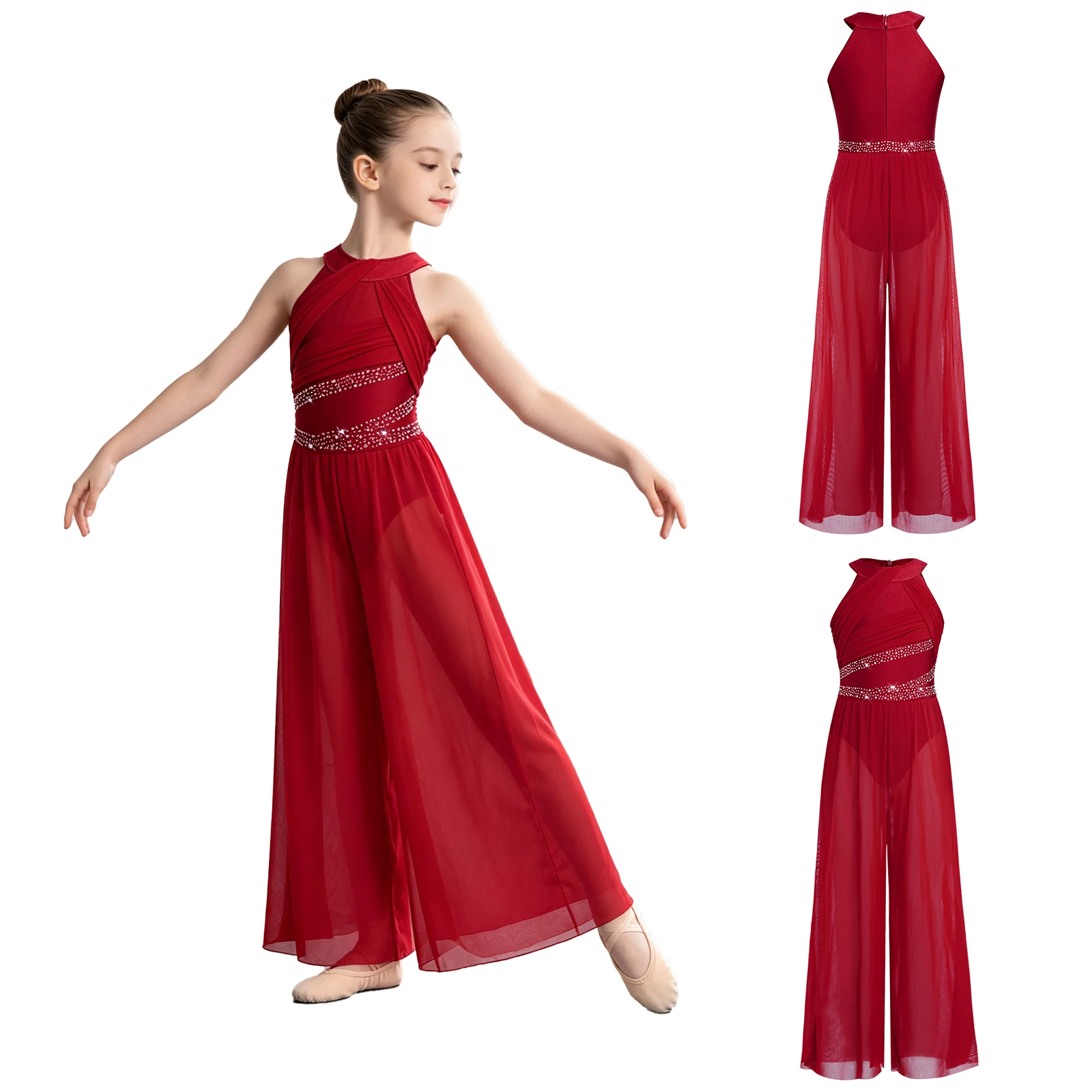 Children Girls Modern Lyrical Dance Jumpsuit Sheer Mesh Wide-Leg Skating Gymnastics Ballet Acrobatics Bodysuit Stage Dancewear