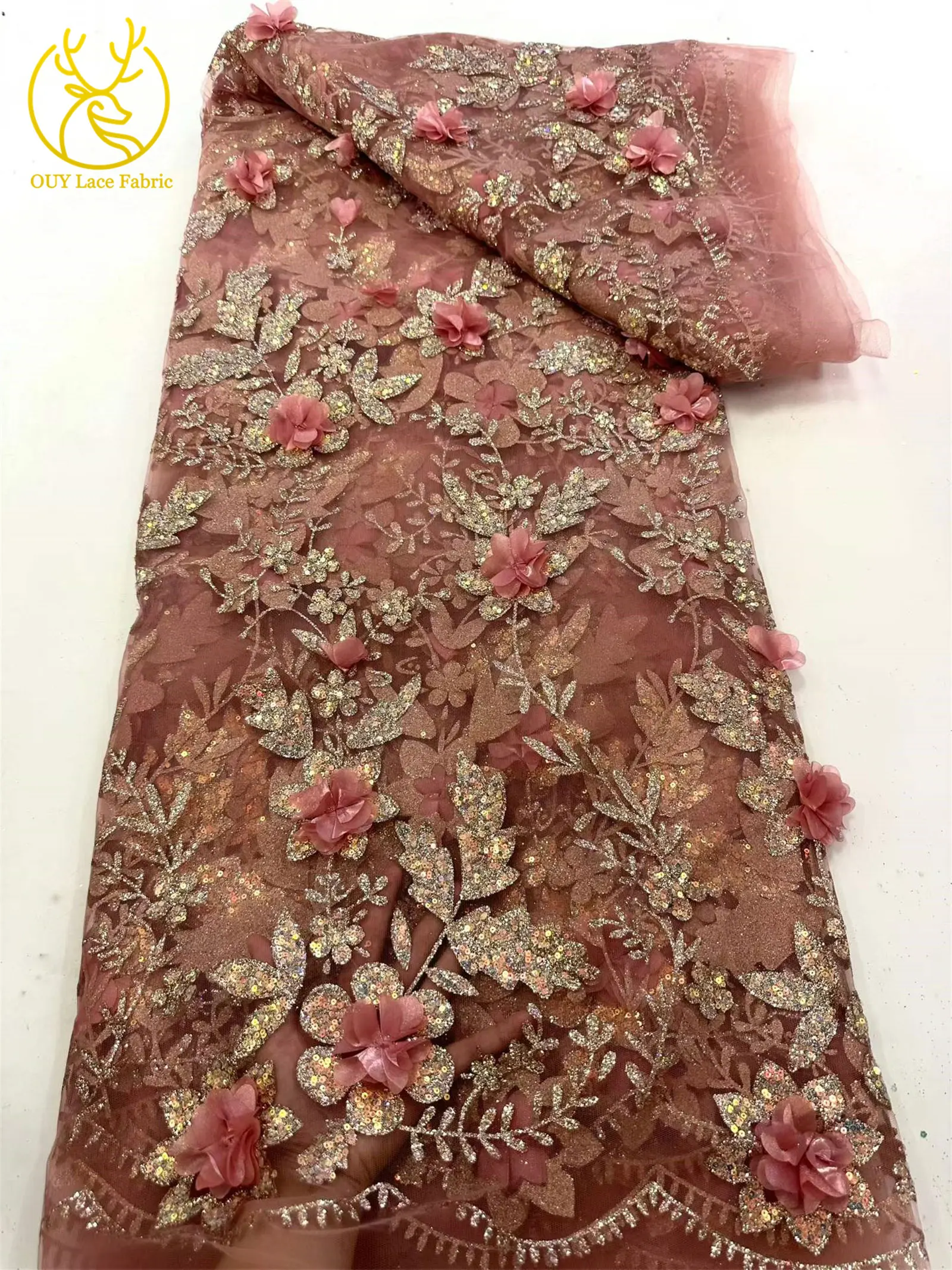 3D-Blumen Afrikanischer Spitzenstoff Roter Nigerianischer Pailletten-Spitzenstoff 2026 Hochwertiger Französischer Tüll-Spitzenstoff für Hochzeitskleider – Detail 9