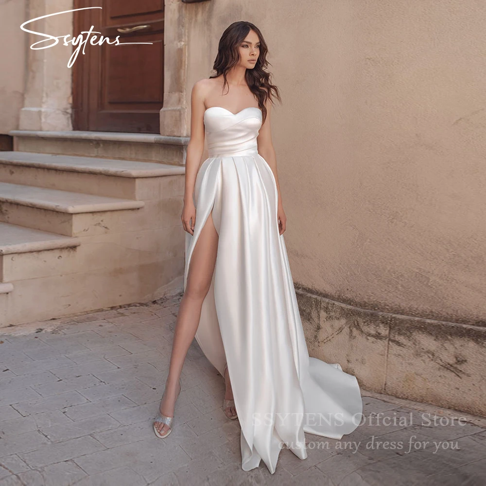 

SSYTENS Wedding Dresses White Sweetheart A Line Simple Gowns for Weddings Women Bride High Slit Sleeveless Civil Bridal Dress