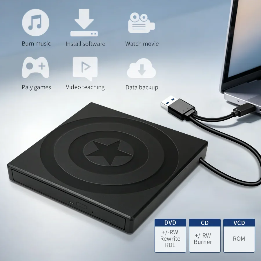 Portable External DVD Drive USB 3.0 Type-C 7 in 1 CD DVD Burner Writer Reader Optical Drive for Laptop Desktop Mac Windows Linux
