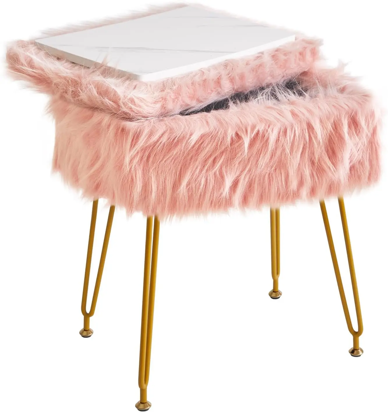 

Rectangular Faux Fur Vanity Stool with Storage, Soft Padded Seat, Round Footrest for Living Room Bedroom Entryway in Pink