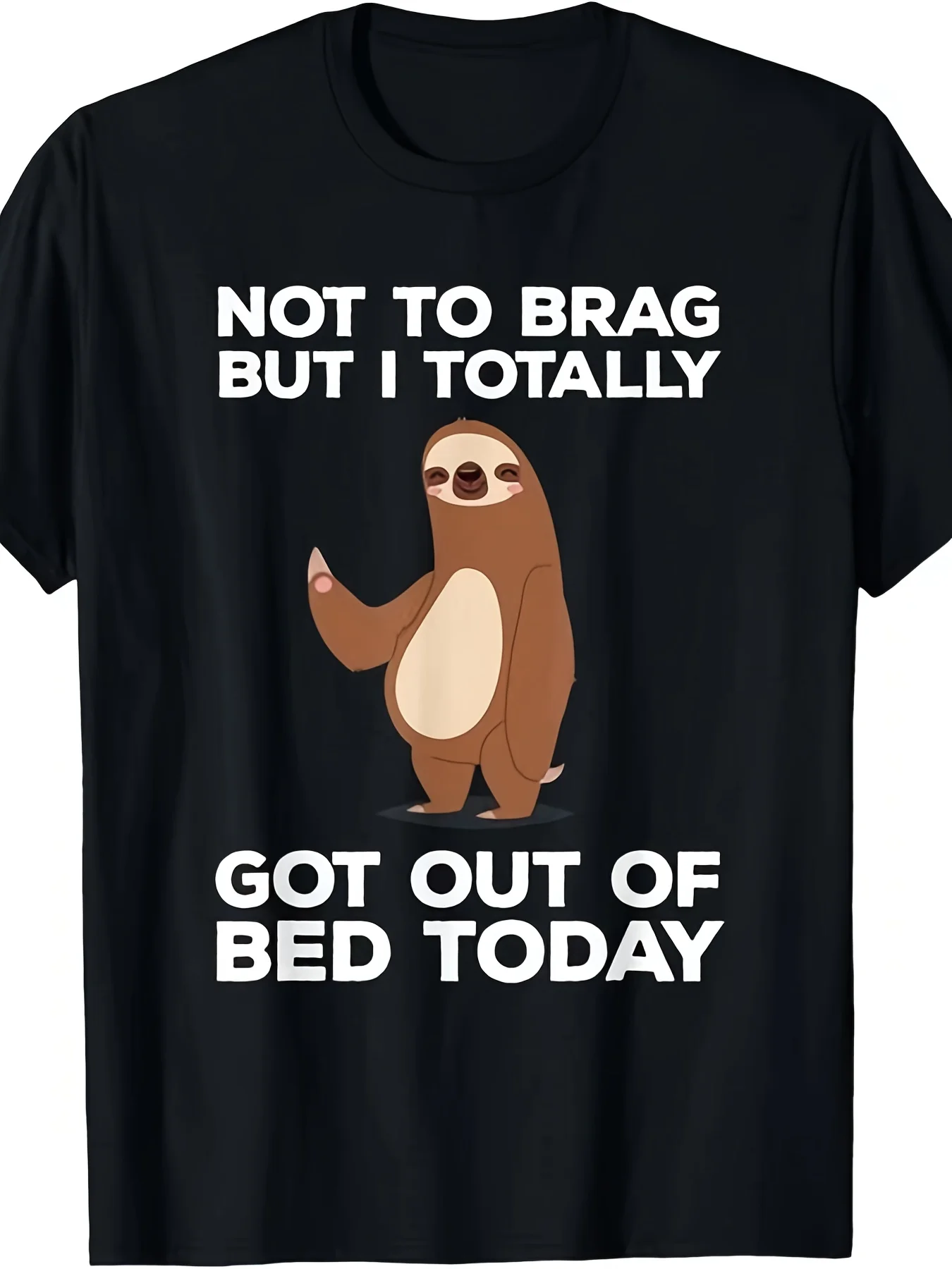 Funny Sloth - Totally Got Out Bed Today T-Shirt Men's Soft Breathable Cotton Shirt - Black Crew Neck Casual Wear, Humor Clothing, Personality T-shirt, Comfortable Material, Short Sleeve Top, PLUS SIZE