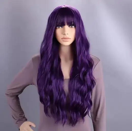 Long Purple Wig for Women 28" Long Lavender Purple Wig With Bangs Curly Wavy Natural Cute Soft Wig for Costume Braids Anime