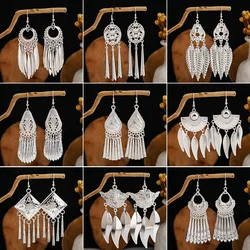 Ethnic Silver Color Long Leaf Tassel Dangle Earrings for Women Indian Jewelry Boho Vintage Geometric Hollow Bollywood Earrings