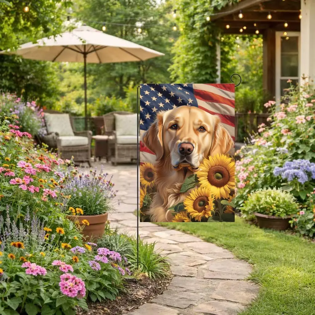 Golden Retriever Garden Flag 4th of July 12x18 Inch Double Sided for outside Independence Day American Flag Stars and Stripe yyi