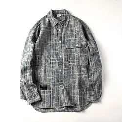 Japan Retro Washed Vintage Plaid Workwear Denim Shirt for Men Cityboys Oversize BF Style Loose Casual Long Sleeve Tops Coats