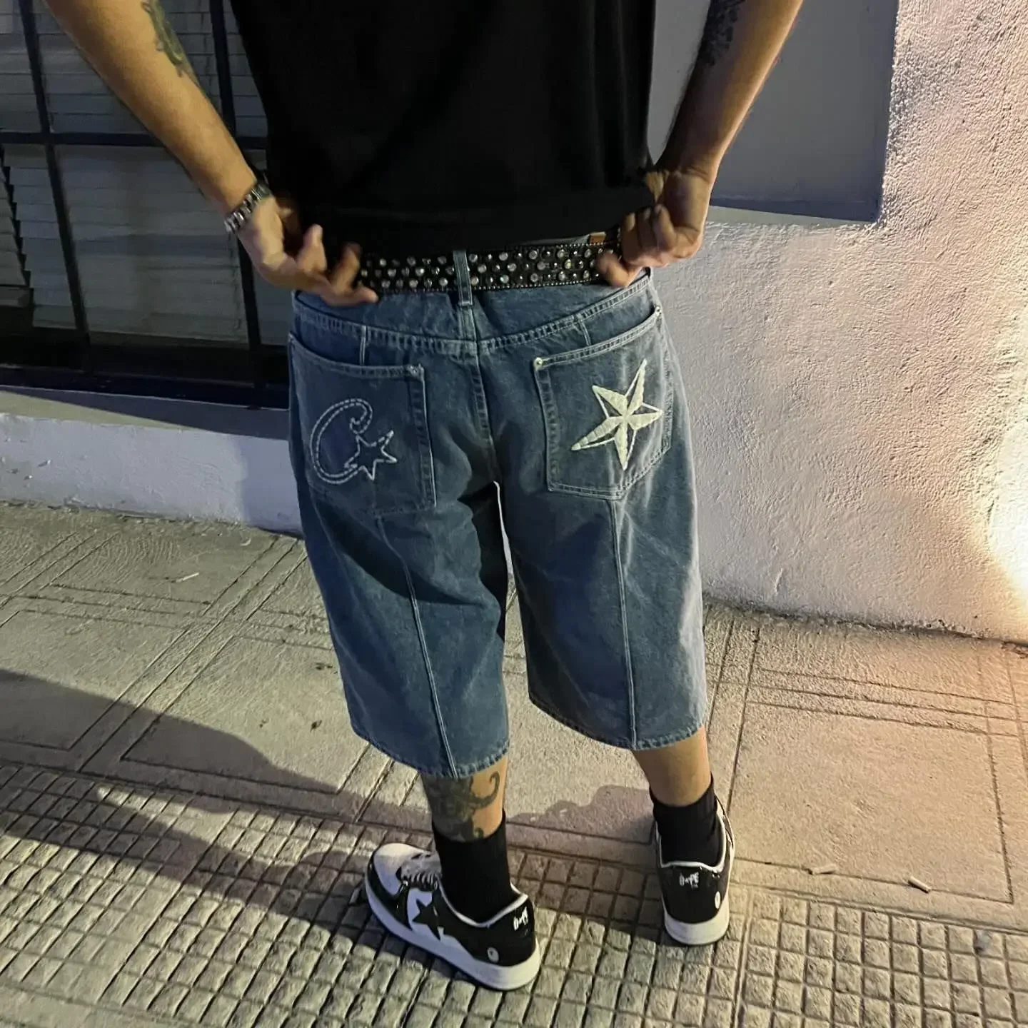 Cortez-pantalones cortos Cargo para hombre, Shorts de mezclilla personalizados con patrón de estrellas de los años 2000, estilo Rock Hip Hop, Retro, ropa informal de calle