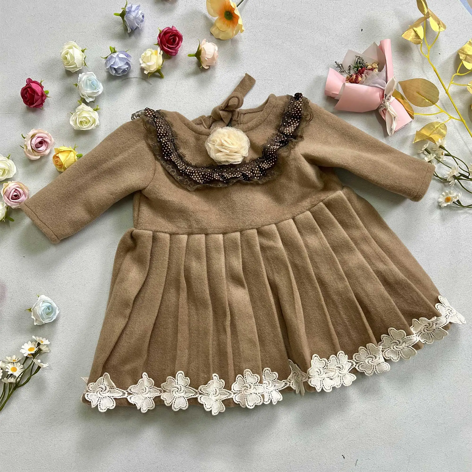 Don&Judy Wool Long-sleeve Dress With Lace Trim Baby Girl Dress For 3-4 Years Autumn Spring Clothing Photography Props