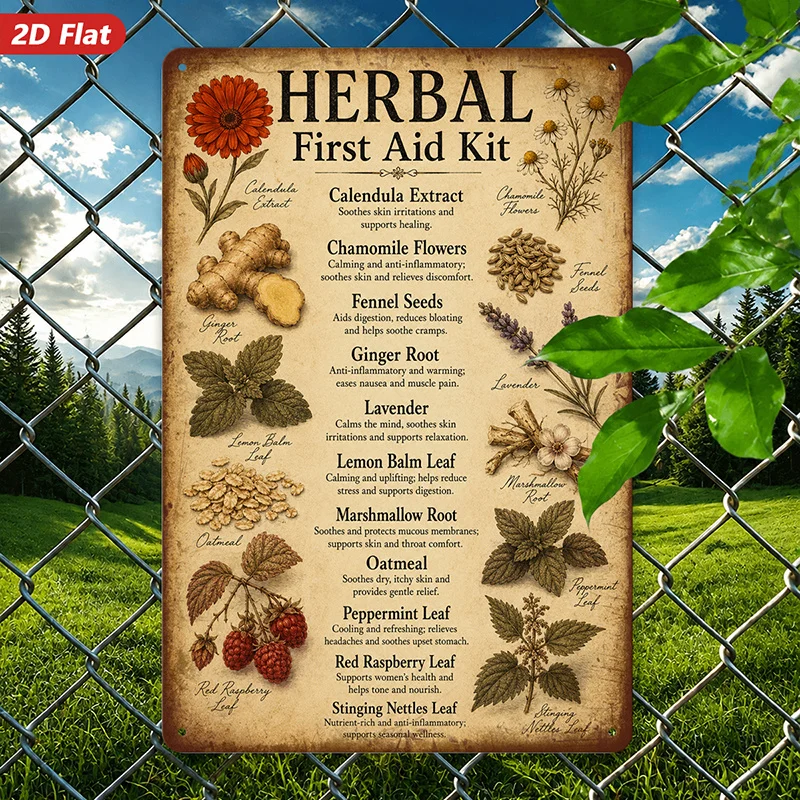 2D Flat, 1pc Metal Sign Wall Art, Herbal First Aid Kit Home Decor, Botanical Pattern, Vintage Style, for Living Room, Study, Saf