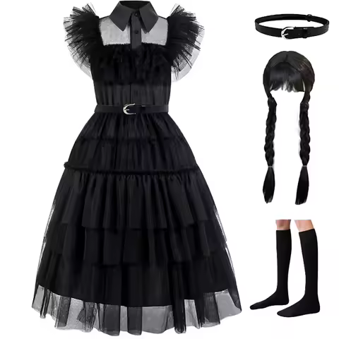 Children's Halloween Dress Up Movie Wednesday Cosplay Costume Girls Lace Hollow Princess Dress Birthday Party Evening Dress