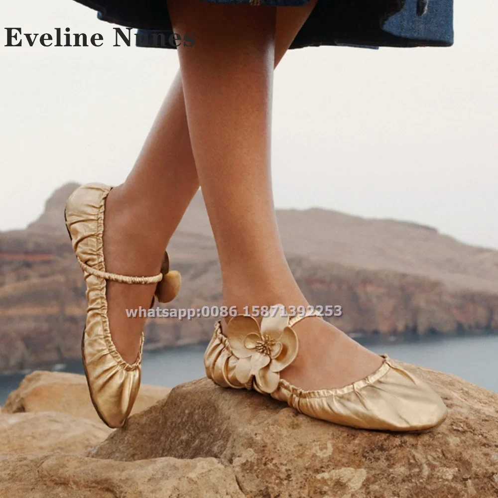 

Golden Flowers Pleated Mary Janes Round Toe Flat with Shallow Elastic Band Soft Lady Pumps Straight Strap Comfortable Shoes 2024