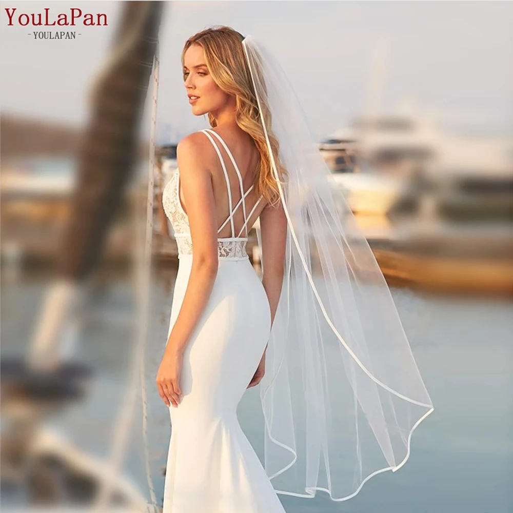 YouLaPan V21 Long Bridal Veil with Ribbon Edge Simple Elegant High Quality Bridal Veils Handmade White Ivory Fashion Veils