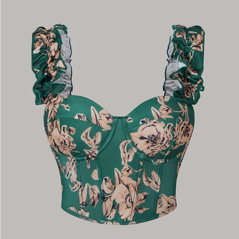 

2025 Summer Sweet V Neck Sexy Print Padded Wire Bone Strap Backless Tops Women Fashion Bodycon Bustier Cami Blouse