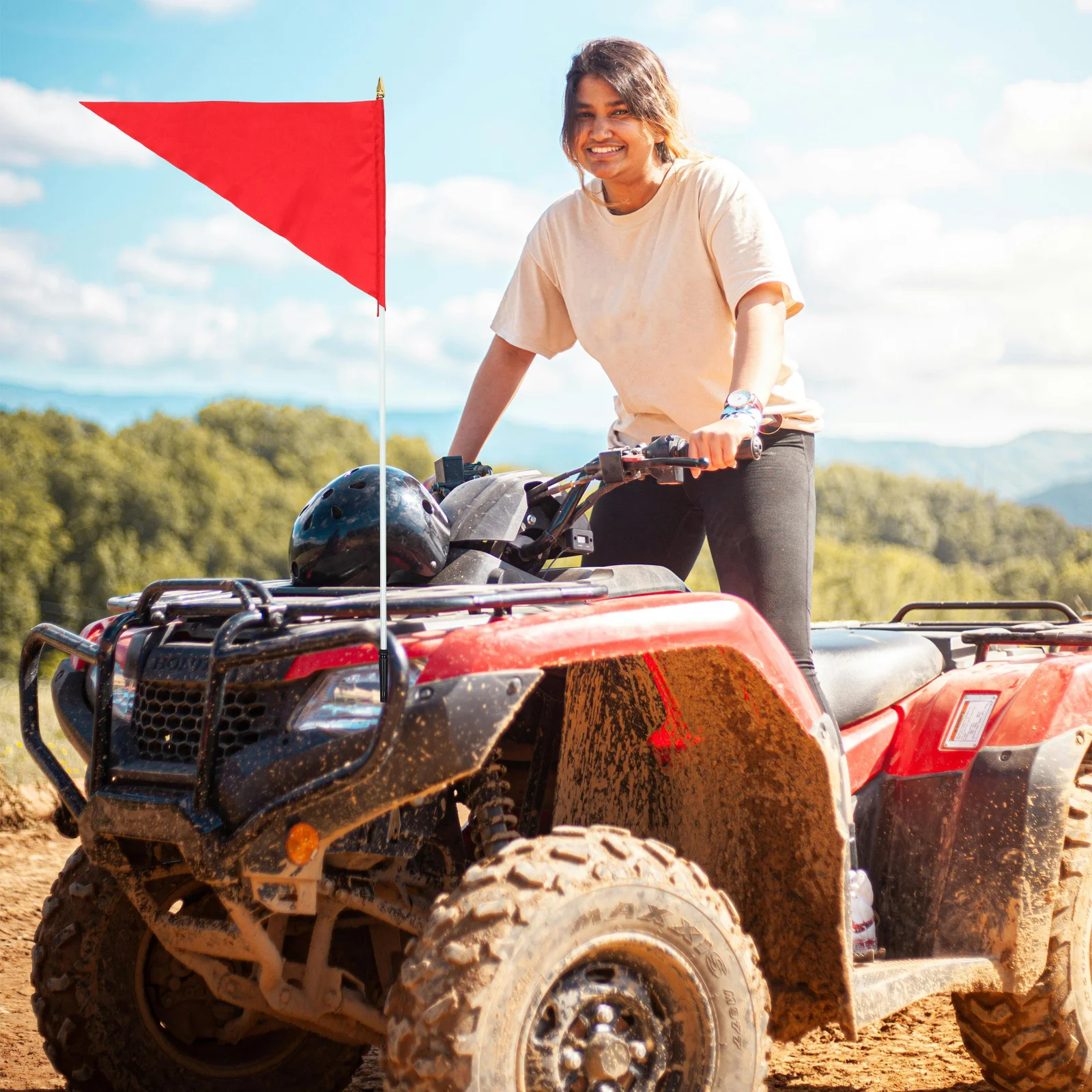 

Heavy Duty Atv Flag Pole with Red Triangle Banner Easy Quick Installation Off-Road Motorcycle E-Bike and Golf Cart Safety