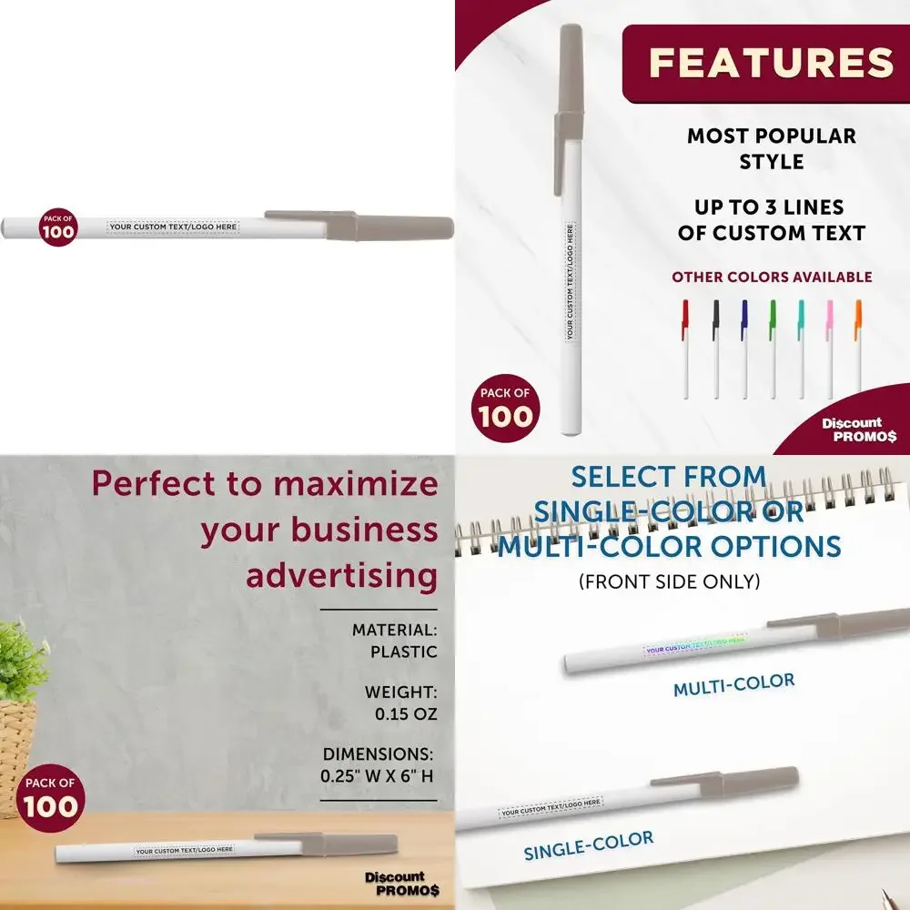 

Bulk Personalized Stick Pens Set of 100, Black Ink, Ideal for Offices, Schools, Business, and Traditional Use