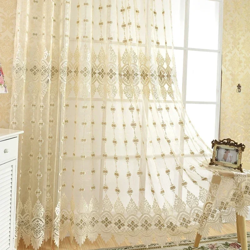 European Luxury Embroidery Coffee Beige Tulle Sheer Curtains Thicken Window Decor Custom Thicken for Living Room Bedroom Dining