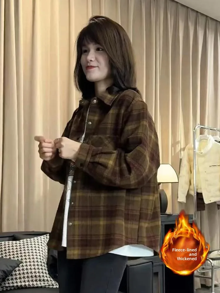 

Утепленное клетчатое пальто-рубашка в корейском стиле, модное, для повседневной носки, маленького размера, красивое, средней длины, утепленное, осенне-зимняя верхняя одежда