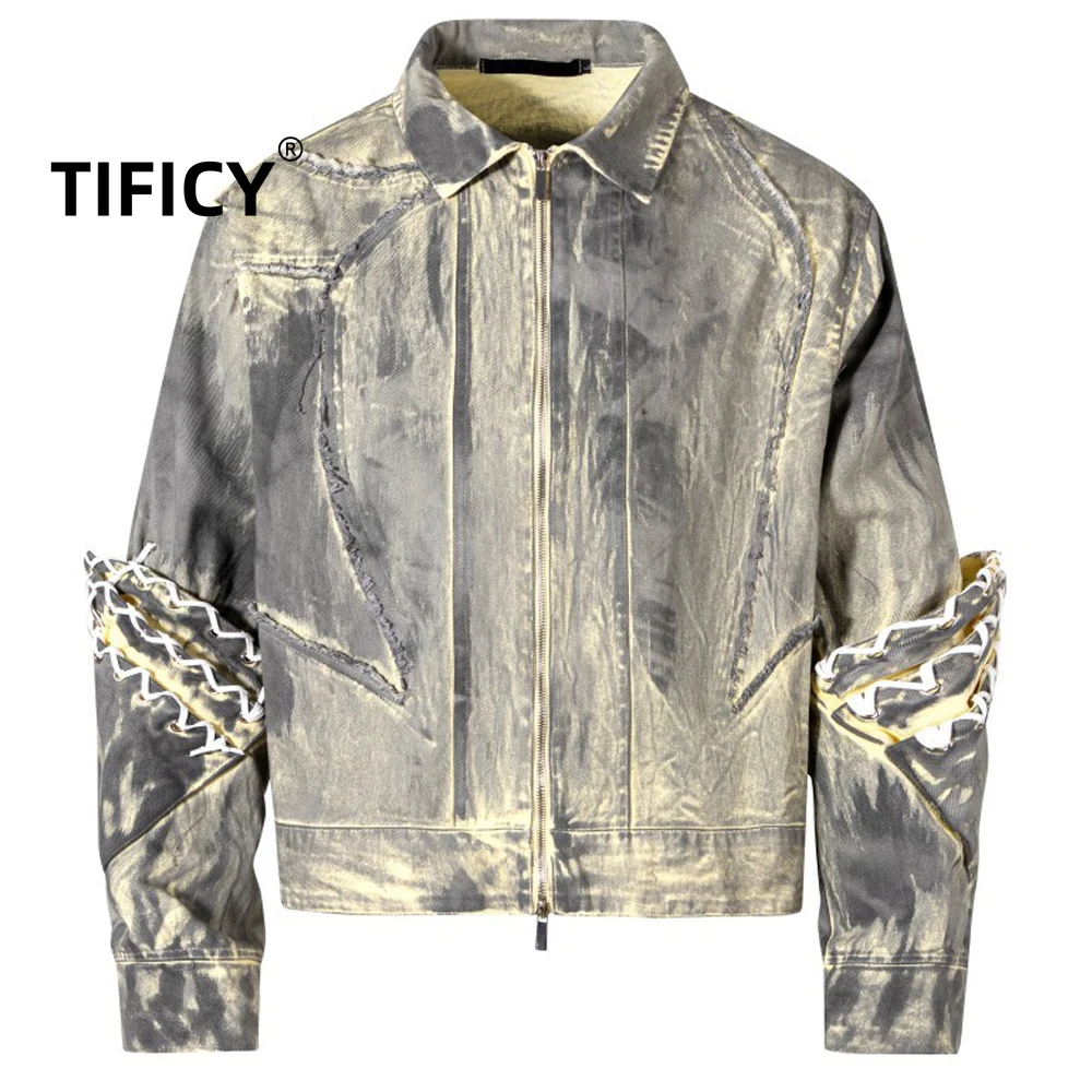 

Autumn Style High Street Heavy Industry Hand-painted Denim Jacket Men Retro Street Style Distressed Washed Jeans Jackets