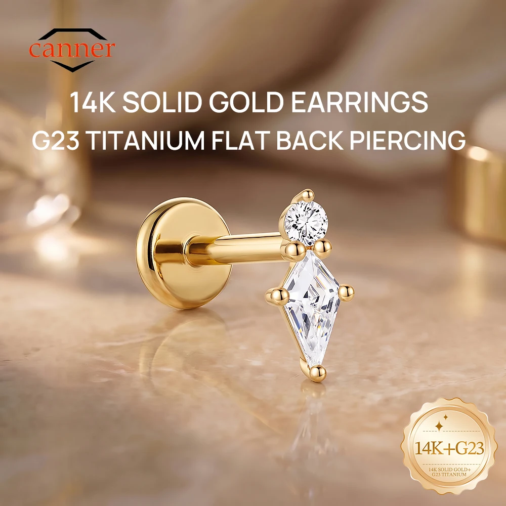 CANNER 1PC 14K Solid Gold Flat Back Kite CZ Piercing Earring For Women Hypoallergenic Helix Tragus Cartilage Stud Jewelry Gift