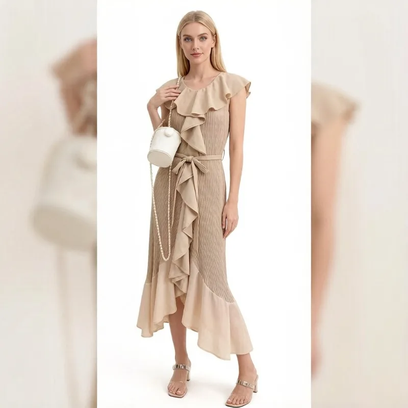 

Miyake Pleated Dress New 2026 Elegant Loose Fashionable V-neck Ruffle Dress Solid Color Temperament Vacation Pleated Dress Pleat