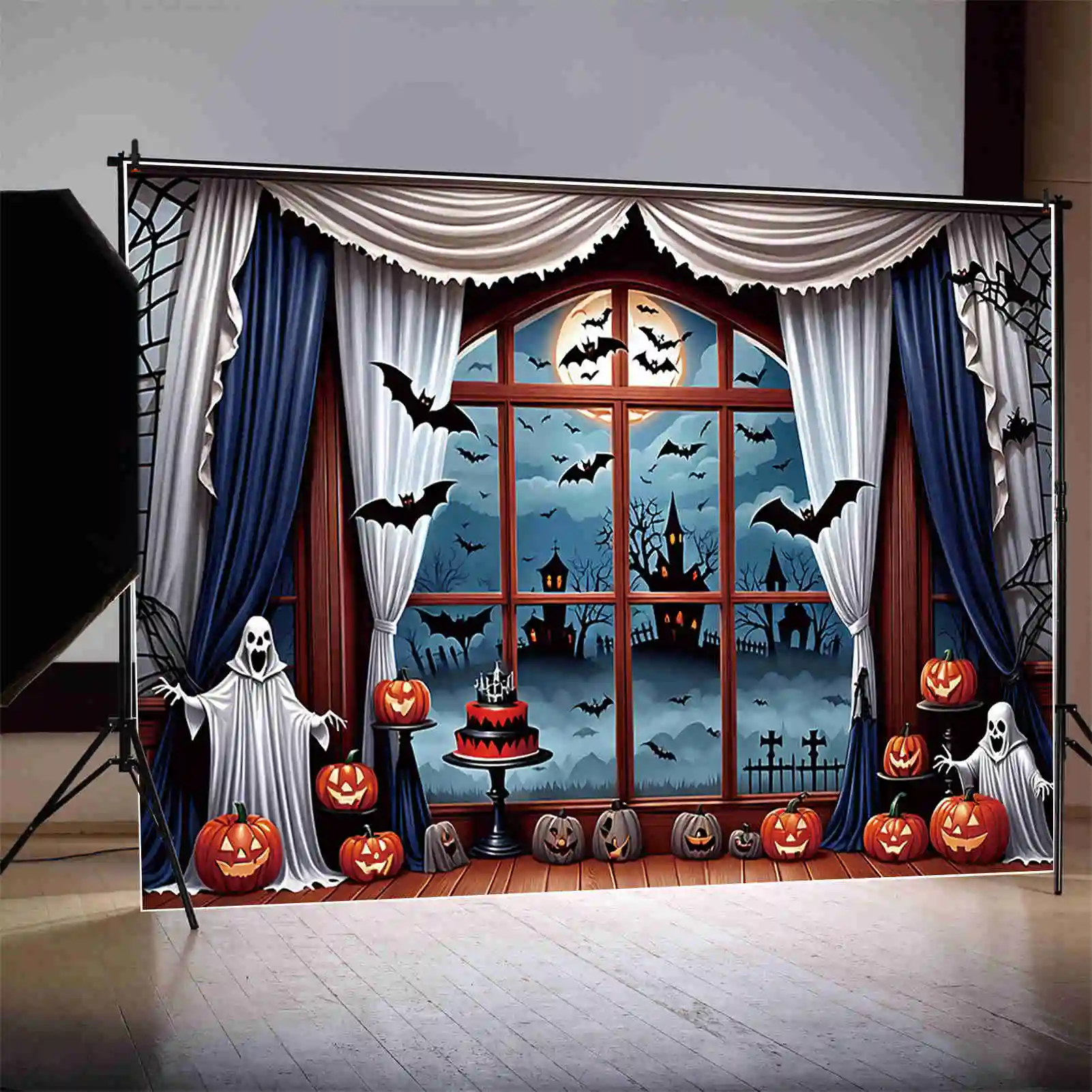 MOON.QG Halloween Red Backgrounds Creepy Ghost Indoor Tombstone Children Backdrops Custom Party Decoration Photo Shoot Supplies