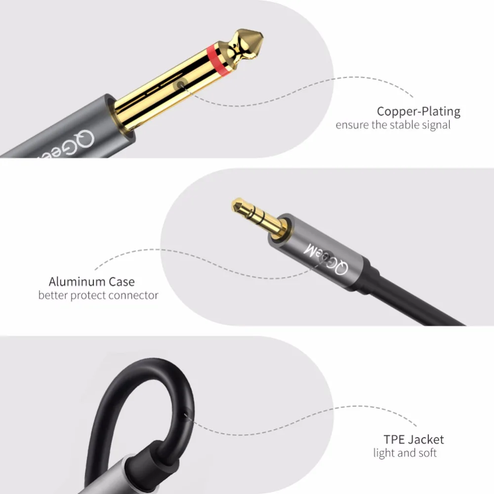 QGeeM Jack 3,5 mm do 6,35 mm * 2 Adapter Kabel audio do miksera Wzmacniacz Głośnik Pozłacany kabel audio 6,5 mm 3,5 Jack Splitter