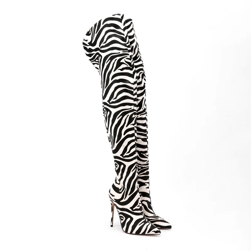 Zebra Over Knee High Women Boots Stiletto High Heel Shoes Runway Combat Botines Biker Botas Mujer Invierno Pumps Chaussure Femme