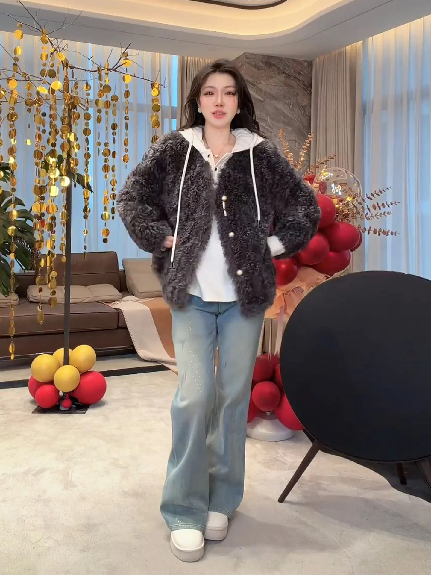 

Thi Warm Faux Fur Jaet Women's Faionable Versatile Slimming Outerwear Stand Fit Polyester Fiber Long Sve Coat