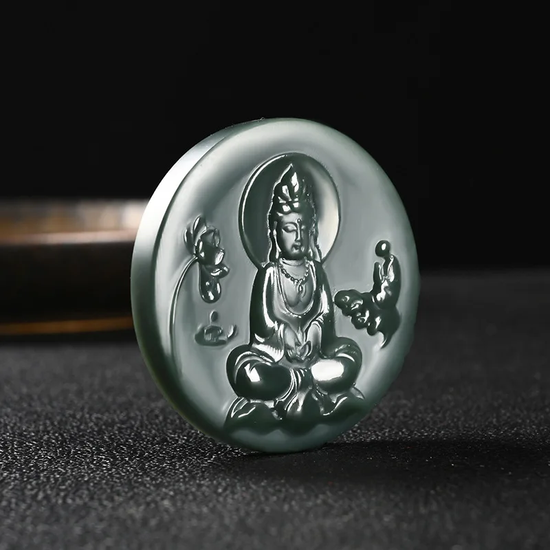 Guanyin Water Lilies Prayer Jade Pendant Gray Jade Pendant Natural Hetian Jade Avalokitesvara Pendant  reiki  buddha necklace