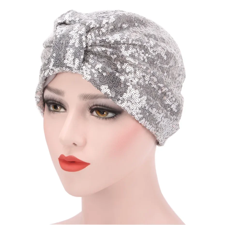 2025 New Sequin Turban Women Muslim Inner Hijab Hat Knotted Beanies Bonnet Hair Loss Headscarf Chemo Cap Bandanas Turbante Mujer