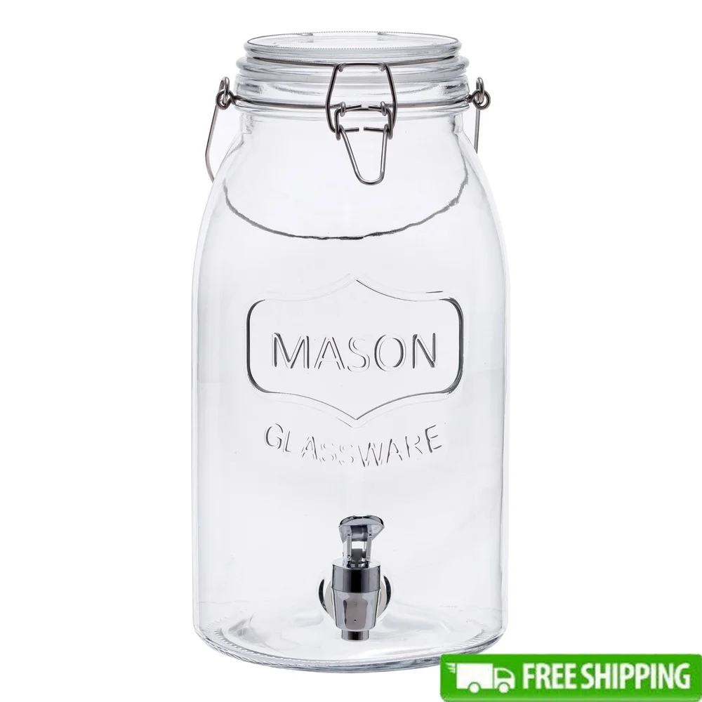 

Прозрачный стеклянный диспенсер для напитков Mason, банка 1 галлона, герметичный зажим из нержавеющей стали, идеальные холодные напитки для использования на открытом воздухе и в помещении