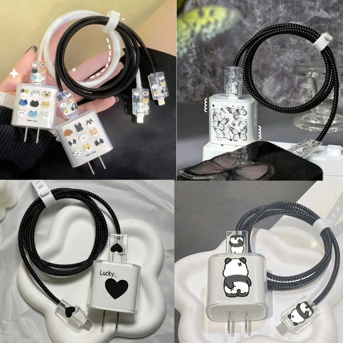 Panda Cat Dog Lucky Butterfly 5pcs Charging Data Cable Protector Winder Accessories For iPhone 18/20w Charger Protective Cover