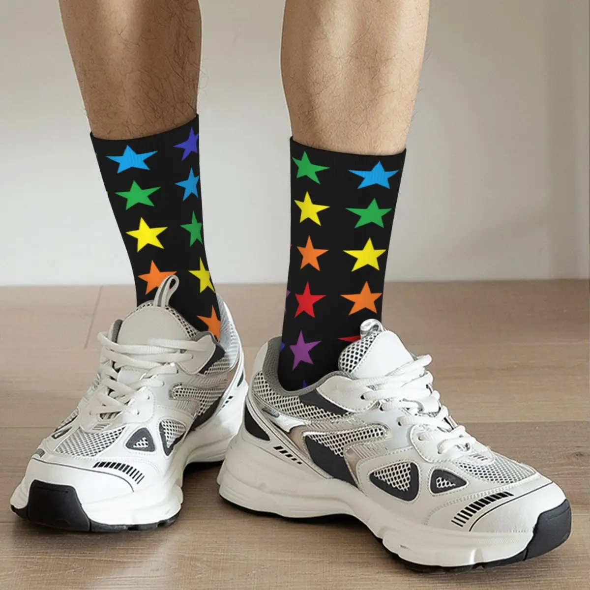 Crazy Design Abstract Rainbow Stars Basketball Socks Five Points Polyester Crew Socks for Women Men Breathable