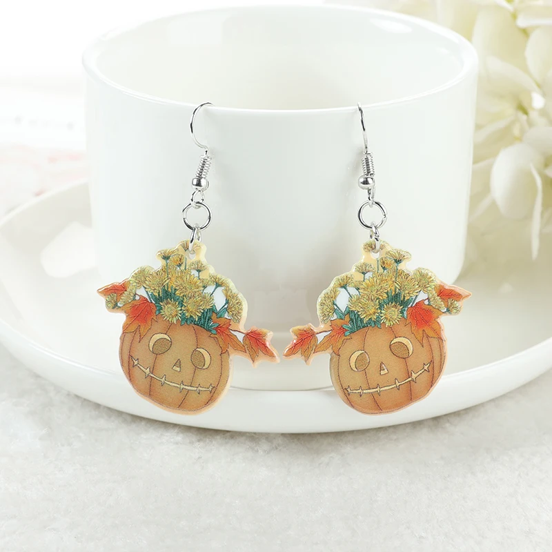 1 Pair Halloween Pumpkin Drop Earrings Acrylic Ghost Candy Cake Cannibal flower And Dog Flatback Jewelry Holiday Birthday Gifts image 5
