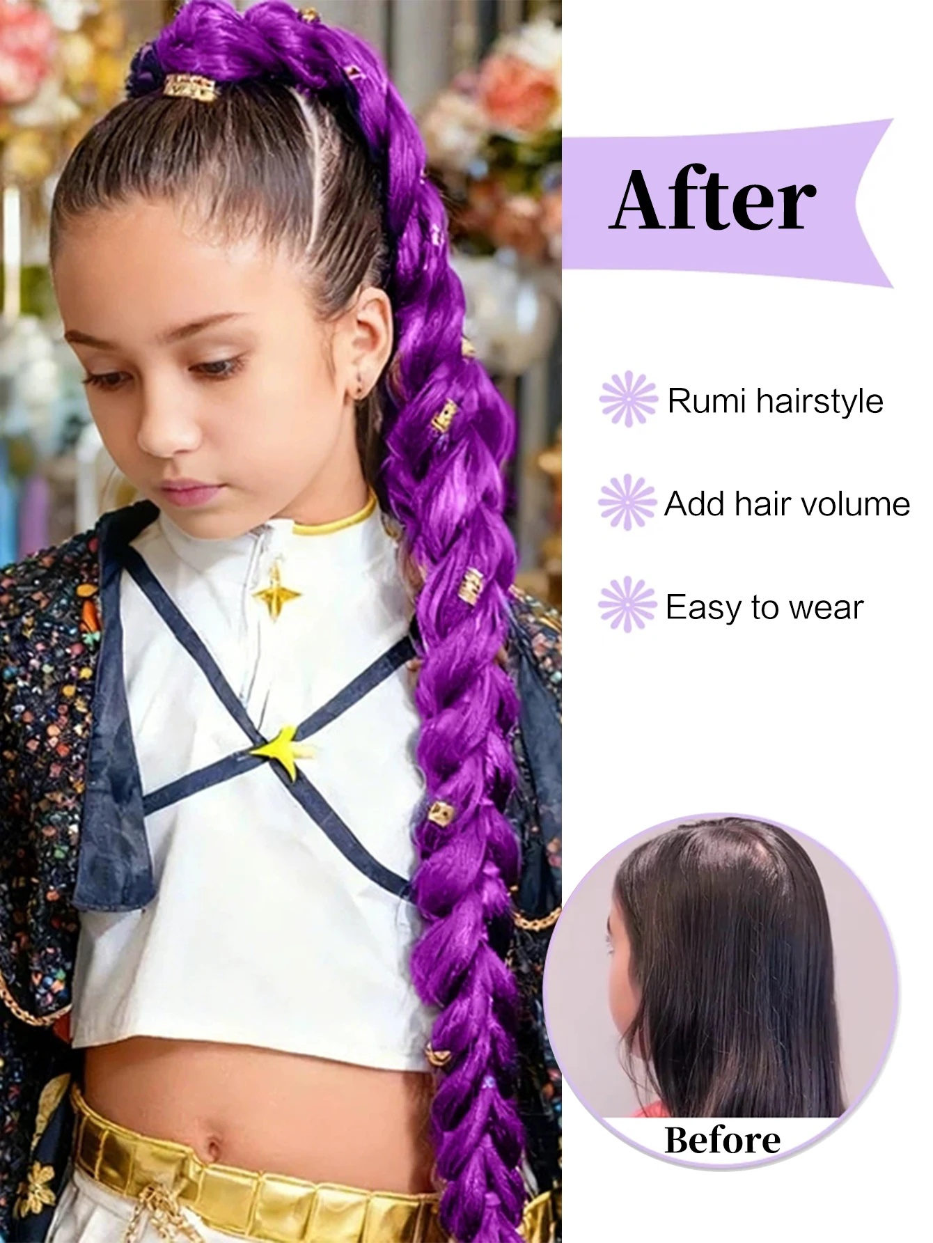 32inch Braided Purple Hair Ponytail with Tinsel Hair Wig Super Extensions Shiny Tinsel Hair for Kids Christmas Cosplay Rumi Hair