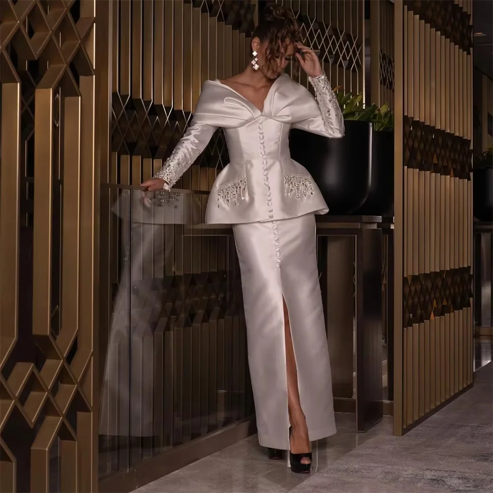 Customized Exquisite Side Split Women Prom Dress Sexy Long Sleeve Charming Mermaid Floor Length Party Dress Beading Evening Gown