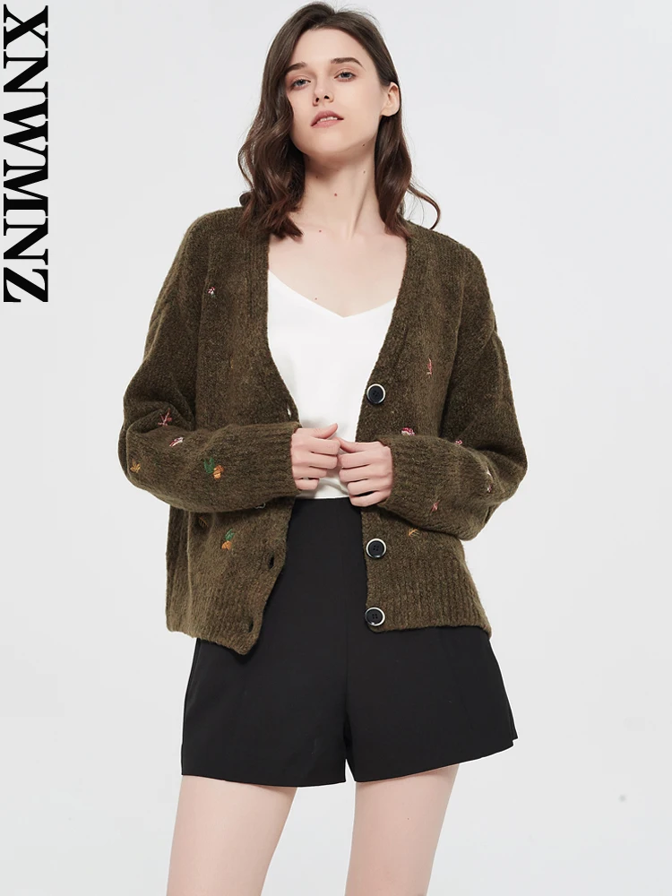 XNWMNZ women Vintage knit cardigan with embroidery Long sleeves V-neck ribbed trims Cardigan Female Elegant sweater Outerwear