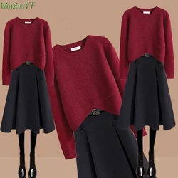 Women Autumn Winter Pure Color Sweater Skirts 1 or Two Piece Set 2023 New Korean Lady Lucky Red Knit Tops A-Line Skirt Outfits