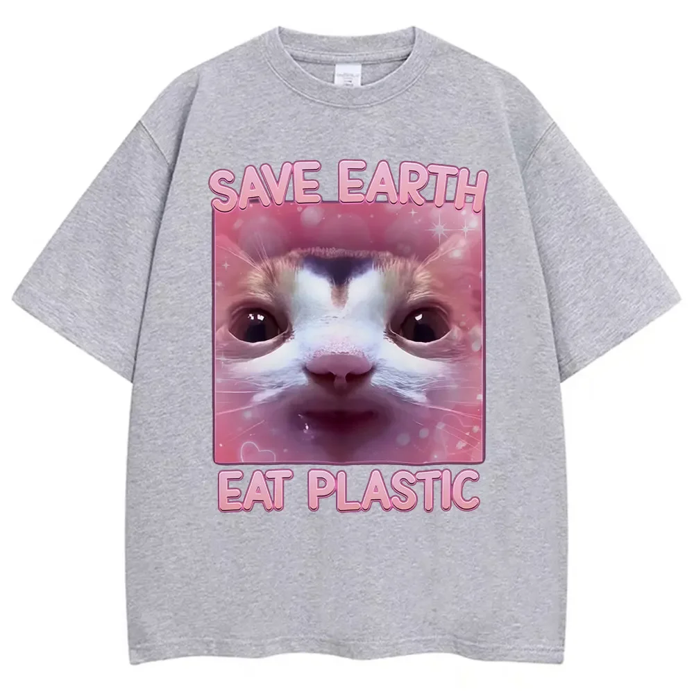 Save the Earth by Eating Kunststoff süße Katze Emoji T-Shirt Damenmode ästhetisches T-Shirt lässig übergroßes Sommer süßes T-Shirt