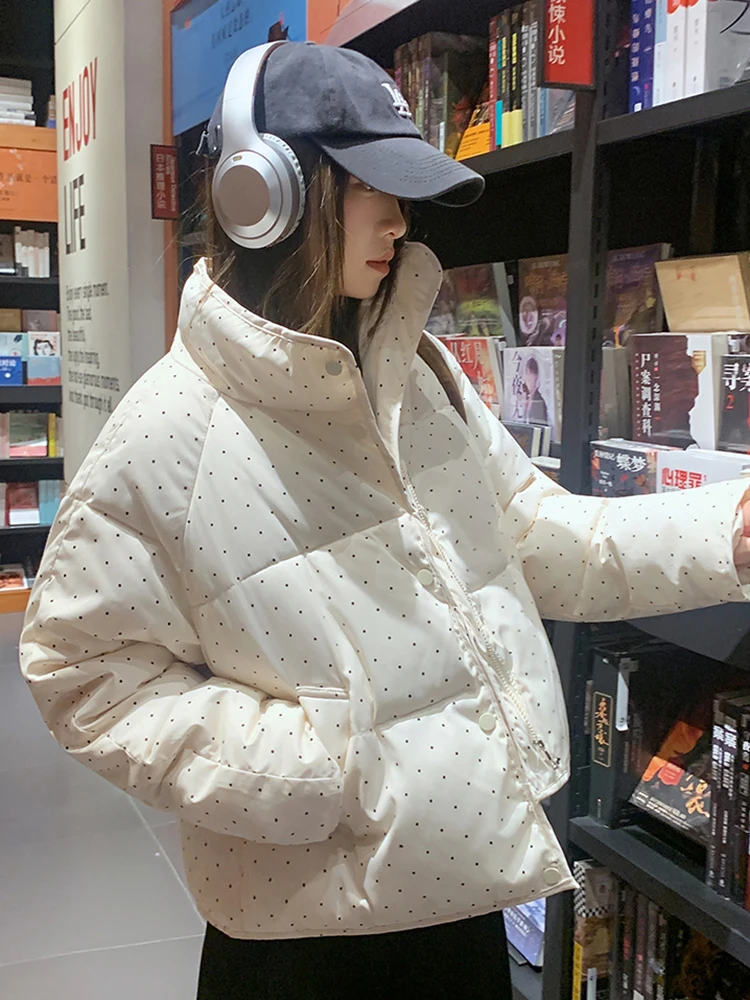 

Женские зимние парки на молнии в милый горошек, корейские свободные повседневные пышные пальто в консервативном стиле, студенческие милые толстые теплые женские укороченные верхняя одежда