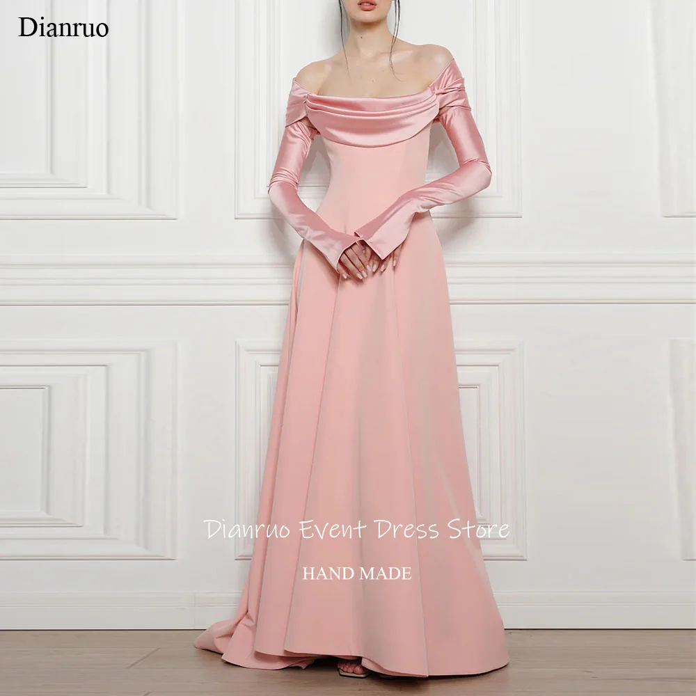 

Dianruo Off Shoulder A Line Evening Dresses Pink Satin Vestidos De Fiesta Long Length Elegant Wedding Party Dress Customized