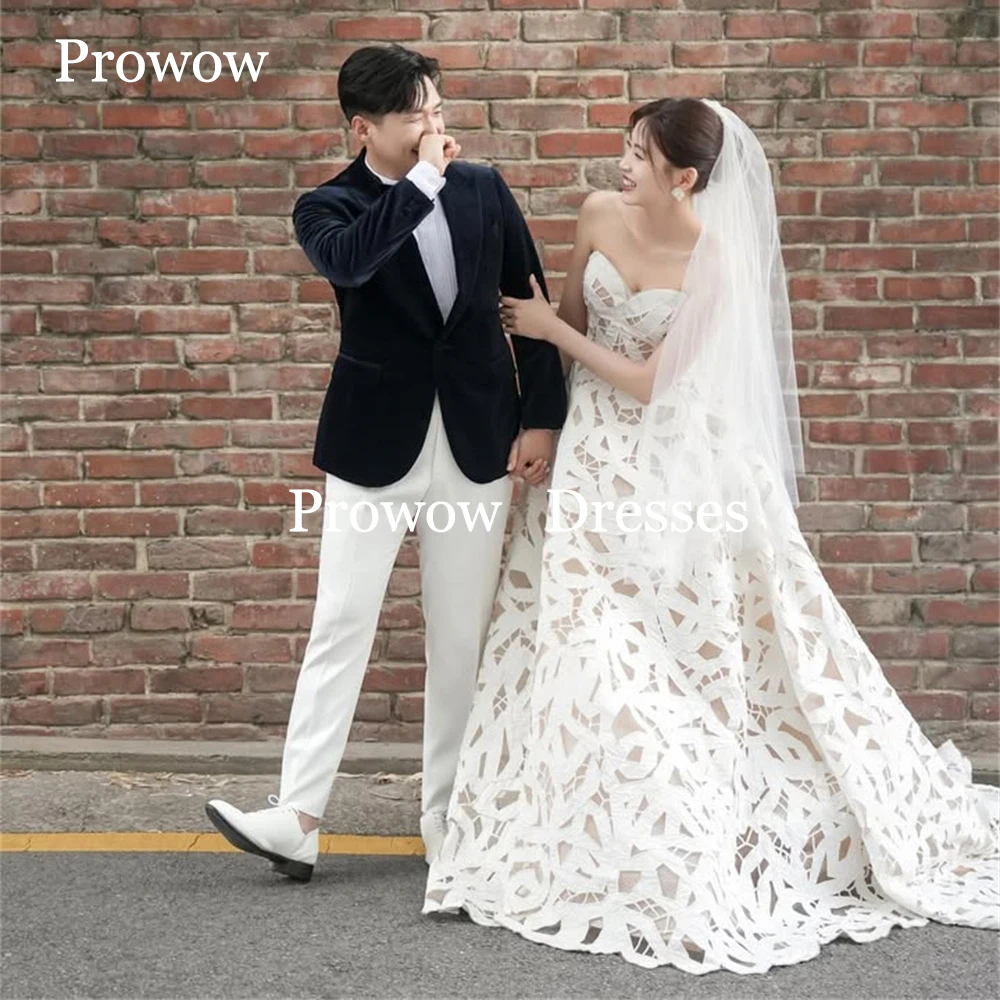 Prowow Luxury Avorio A Line Abiti da sposa Corea Photoshoot Abiti da sposa in pizzo Lunghezza pavimento Senza maniche Sweetheart Personalizzato