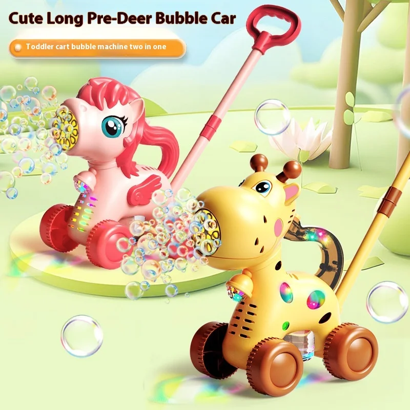 2024 New Cartoon Outdoor Children Hand Push Electric Bubble Machine Small Deer Charging Version Colorful Lighting Bubble Machine