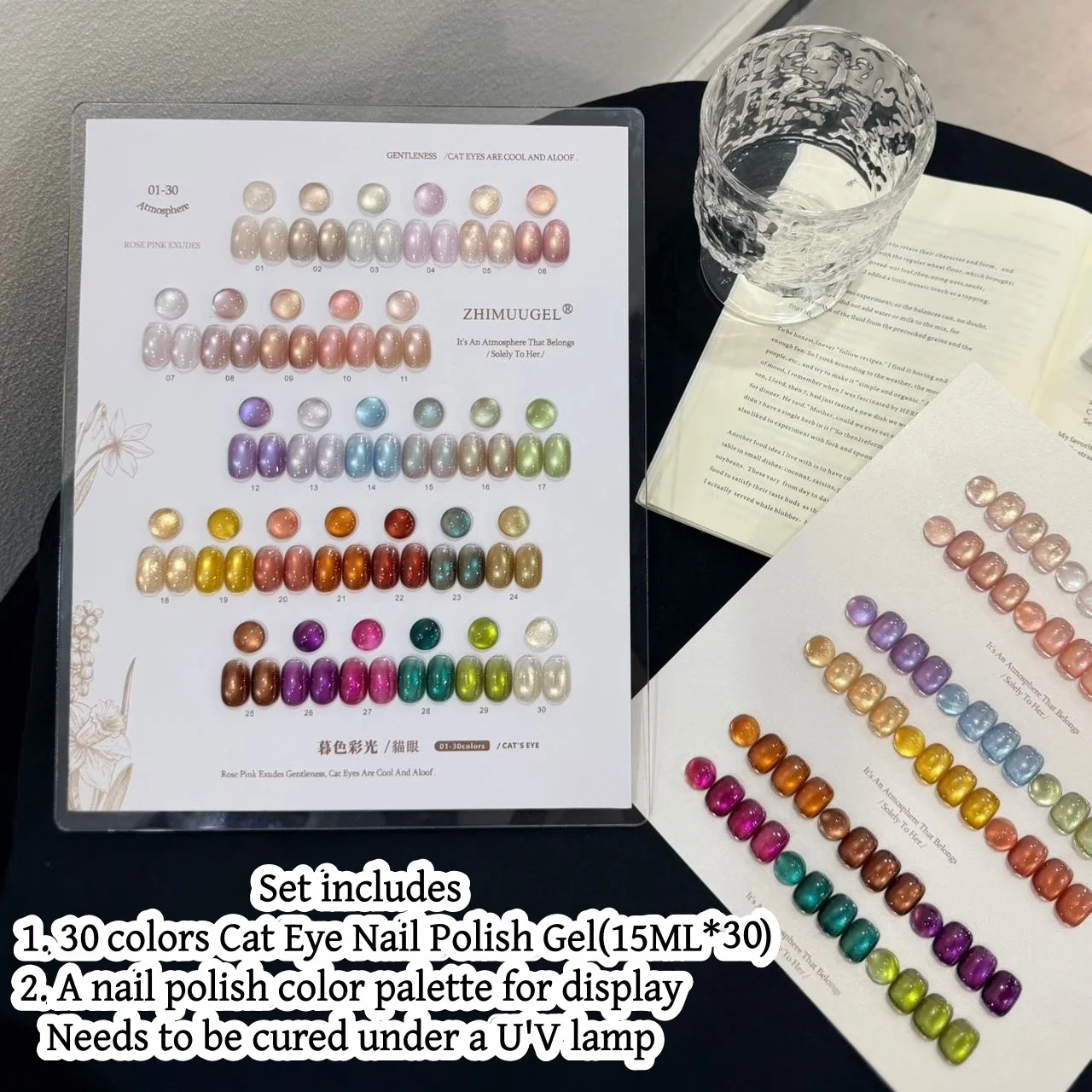 30 Color Cat Eye Gel Polish Set, Transparent Water Effect, Bright Cat Eye Finish, Includes Color Palette for Nail Art Display