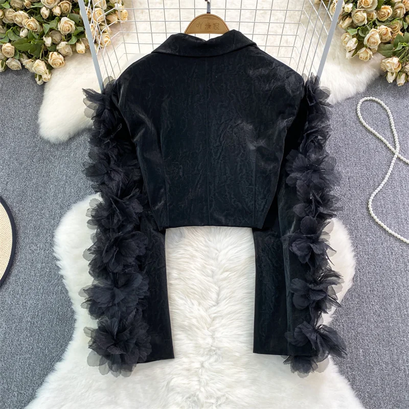 Fashion Mesh Flower Decoration Slim Short Faux Leather Jacket Spring Autumn Women Notched Collar Long Sleeve Black Biker Jacket